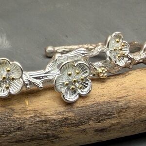 Sterling Silver Floral Cuff Bracelet Gold Accent Cherry Blossom Branch artisan
